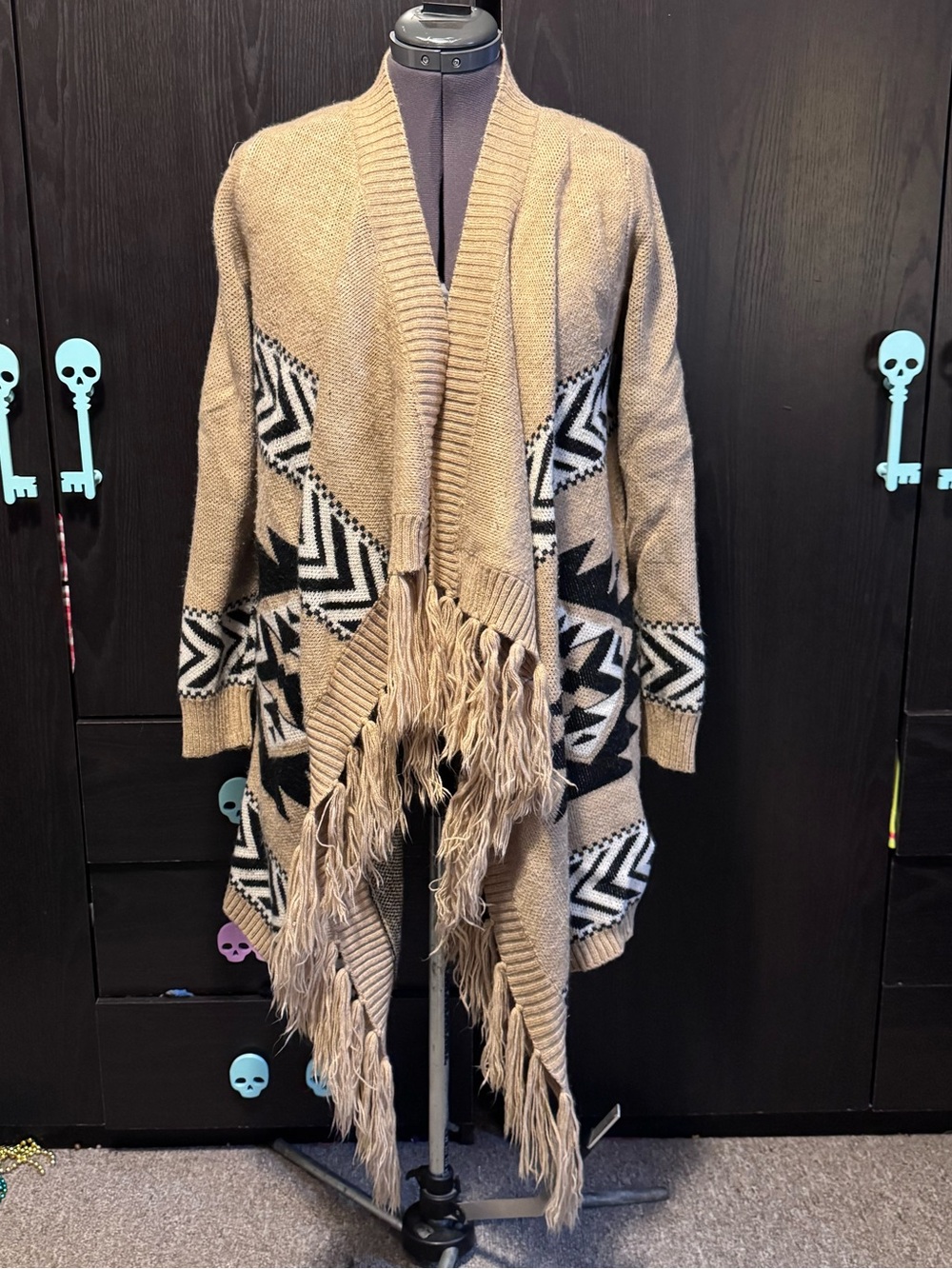Bluenotes Beige Black Cream Aztec Fringe Cardigan Sweater